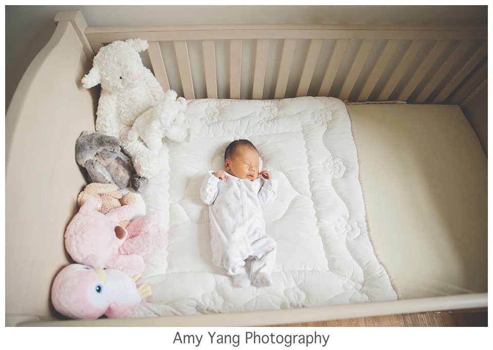 Sleeping newborn in a crib during a newborn photography in-home session with Amy Yang Photography.