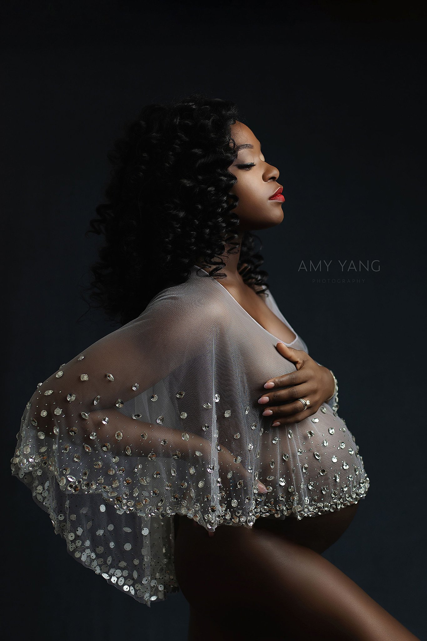 woman wears bejeweled cape to show off changing body by Amy Yang Photography