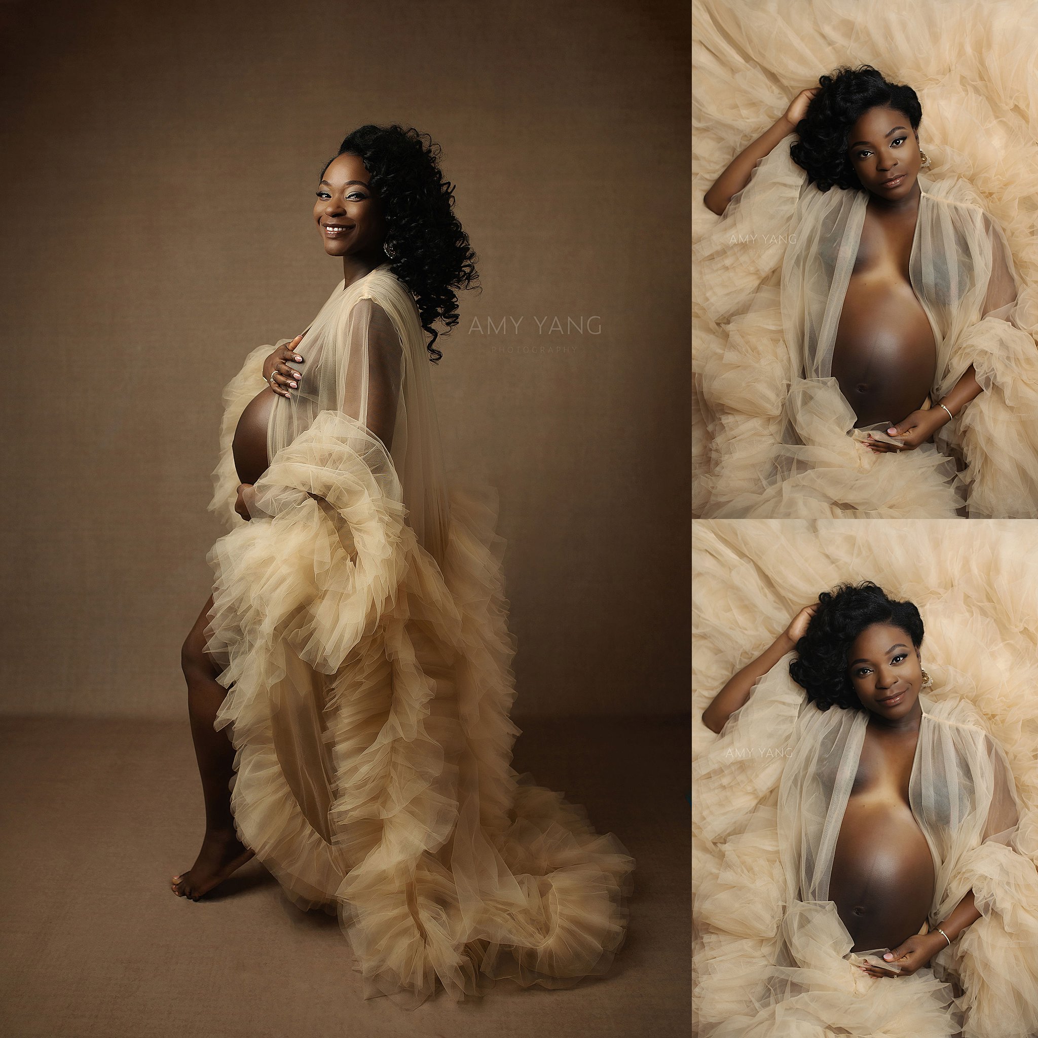 mother-to-be shows off growing bump in tulle robe from client closet during maternity session