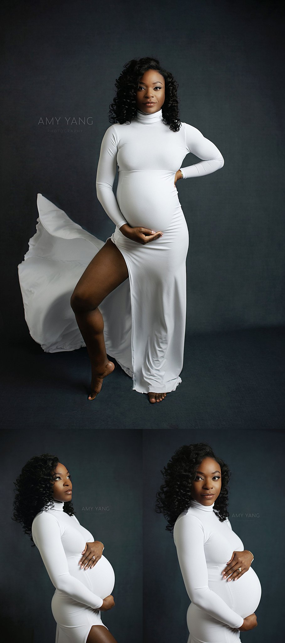 pregnant woman wears white gown to show off chaning body by Charlottesville photographer