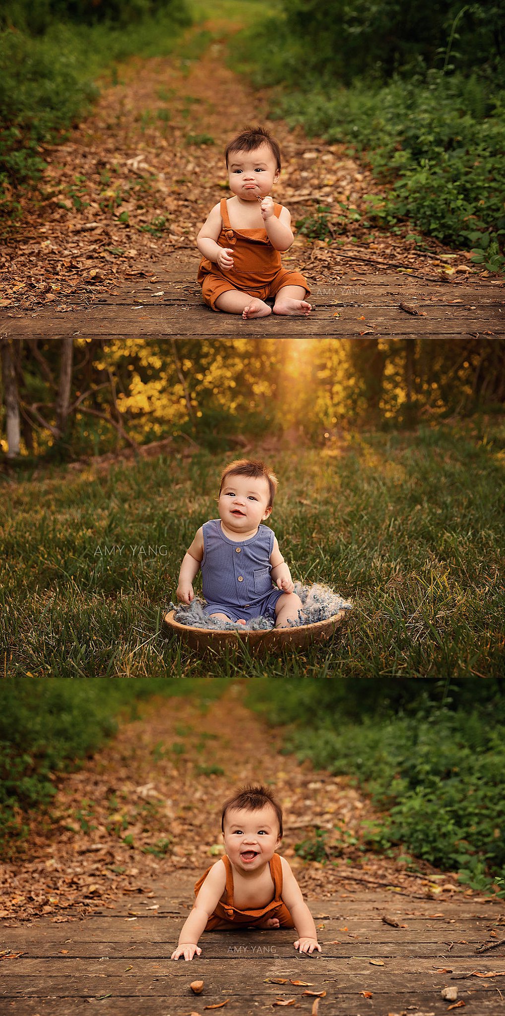 baby sits on bridge holding leaf during outdoor family session