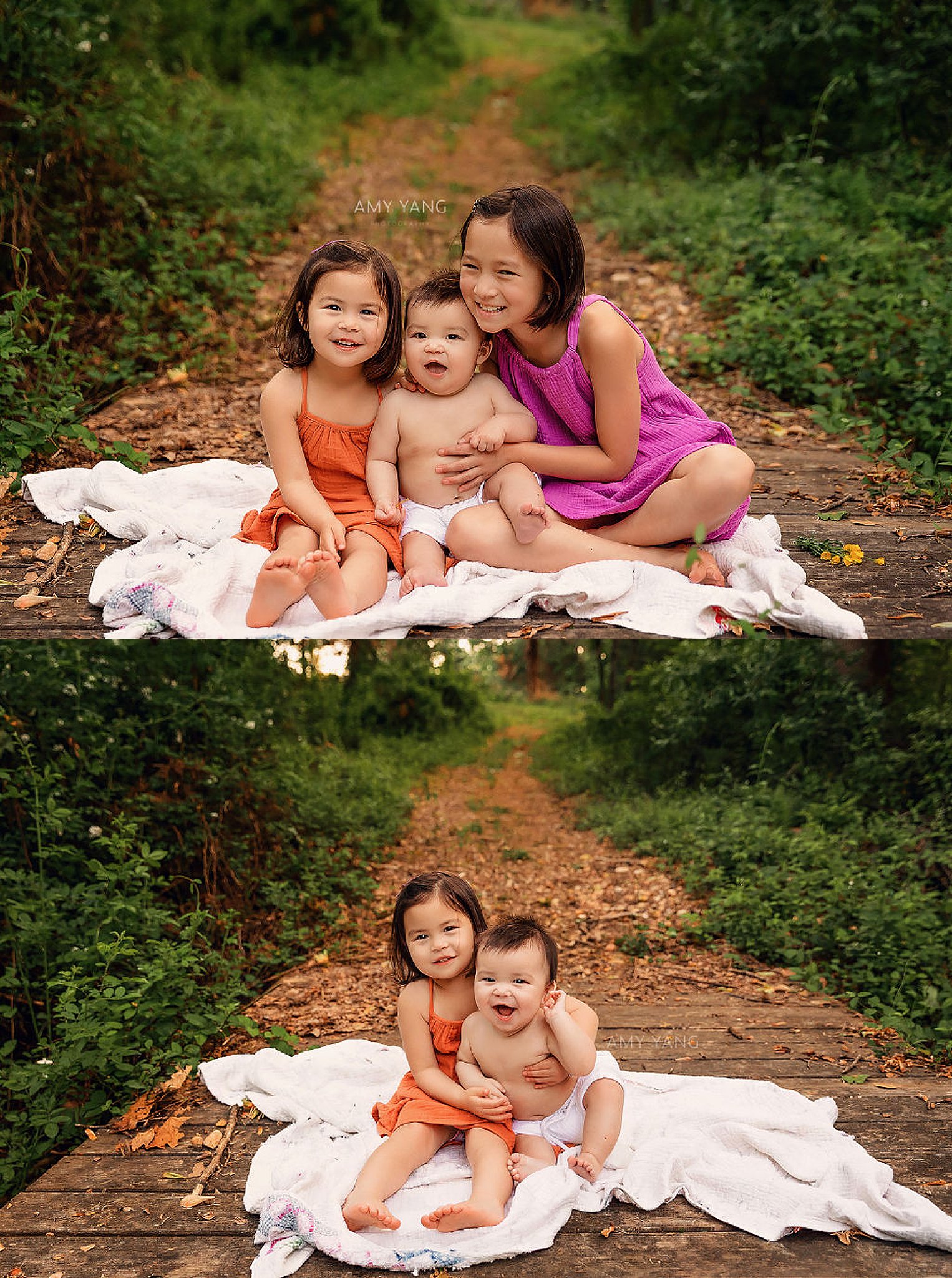 siblings sit hugging each other on a blanket in the woods by Charlottesville photographer