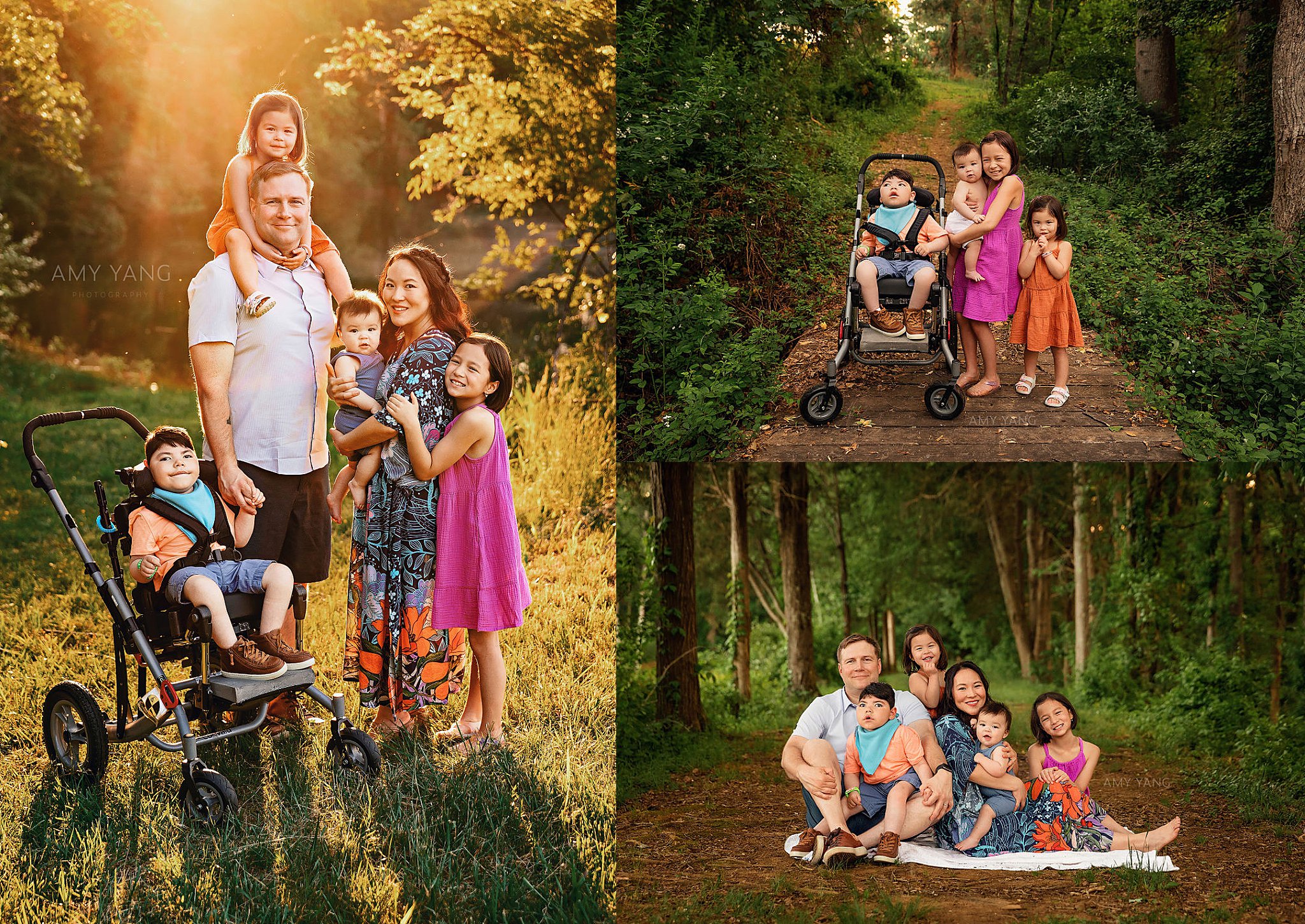 parents stand in meadow with kids as sun shines behind them by Amy Yang Photography