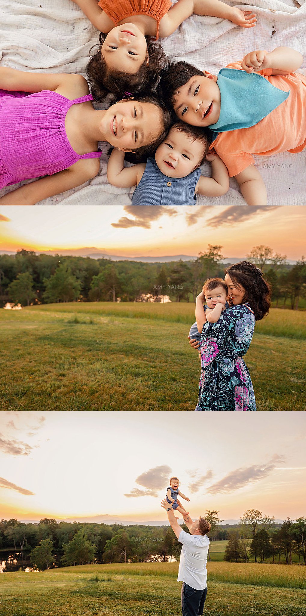 children lay with heads together on blanket during outdoor family session