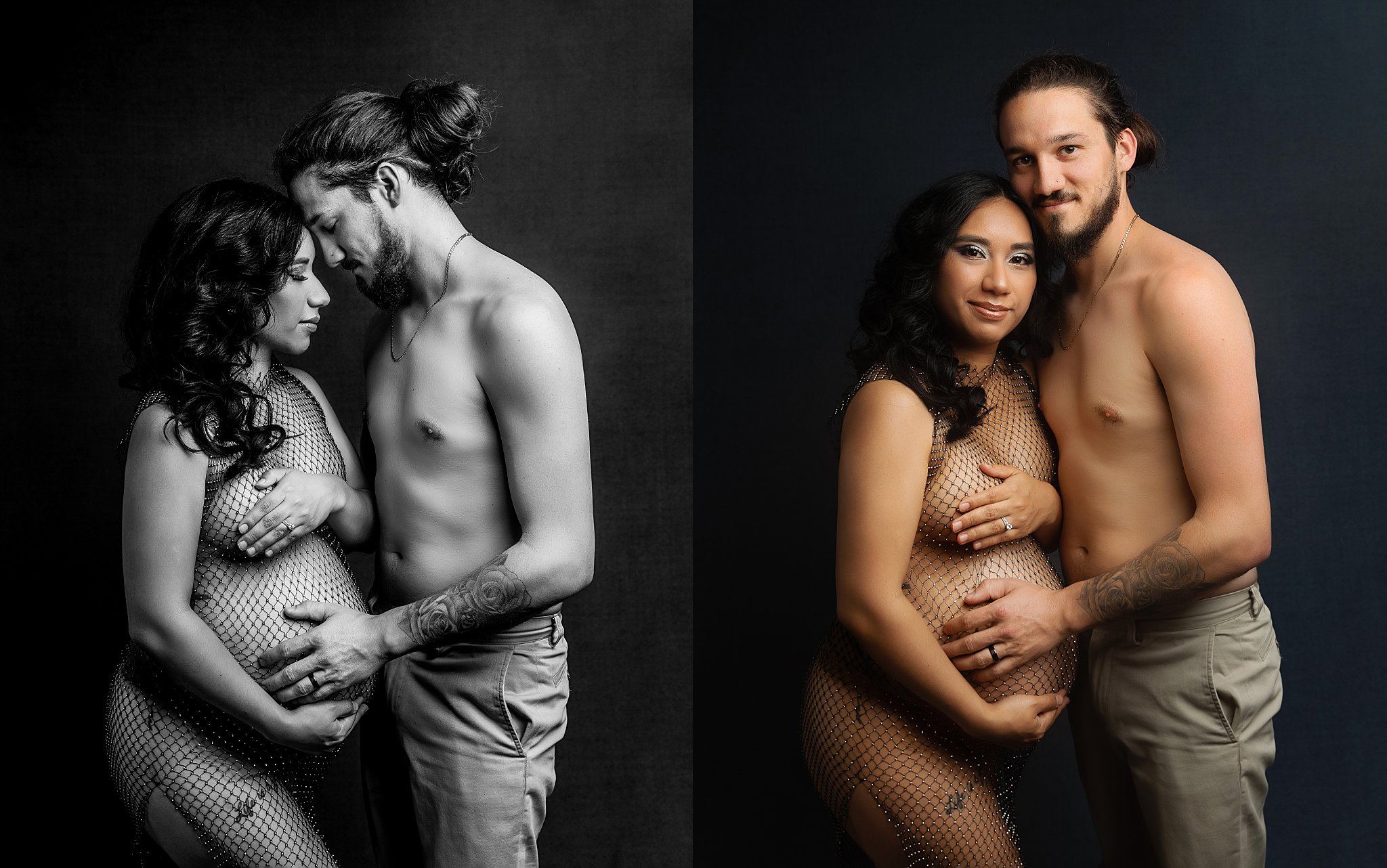 shirtless man holds pregnant belly of mom-to-be by Amy Yang Photography