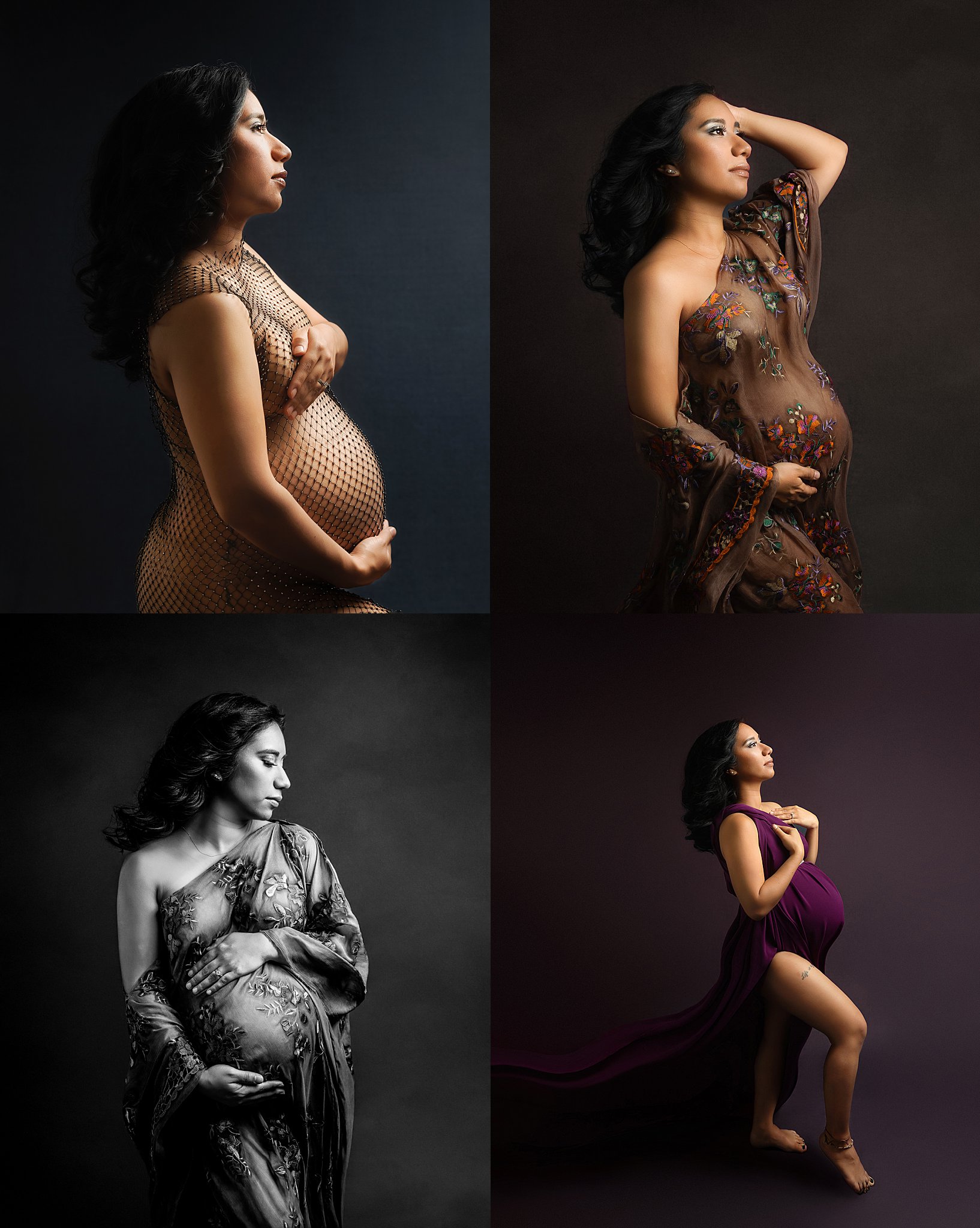 pregnant woman shows off her belly in many outfits during studio maternity session