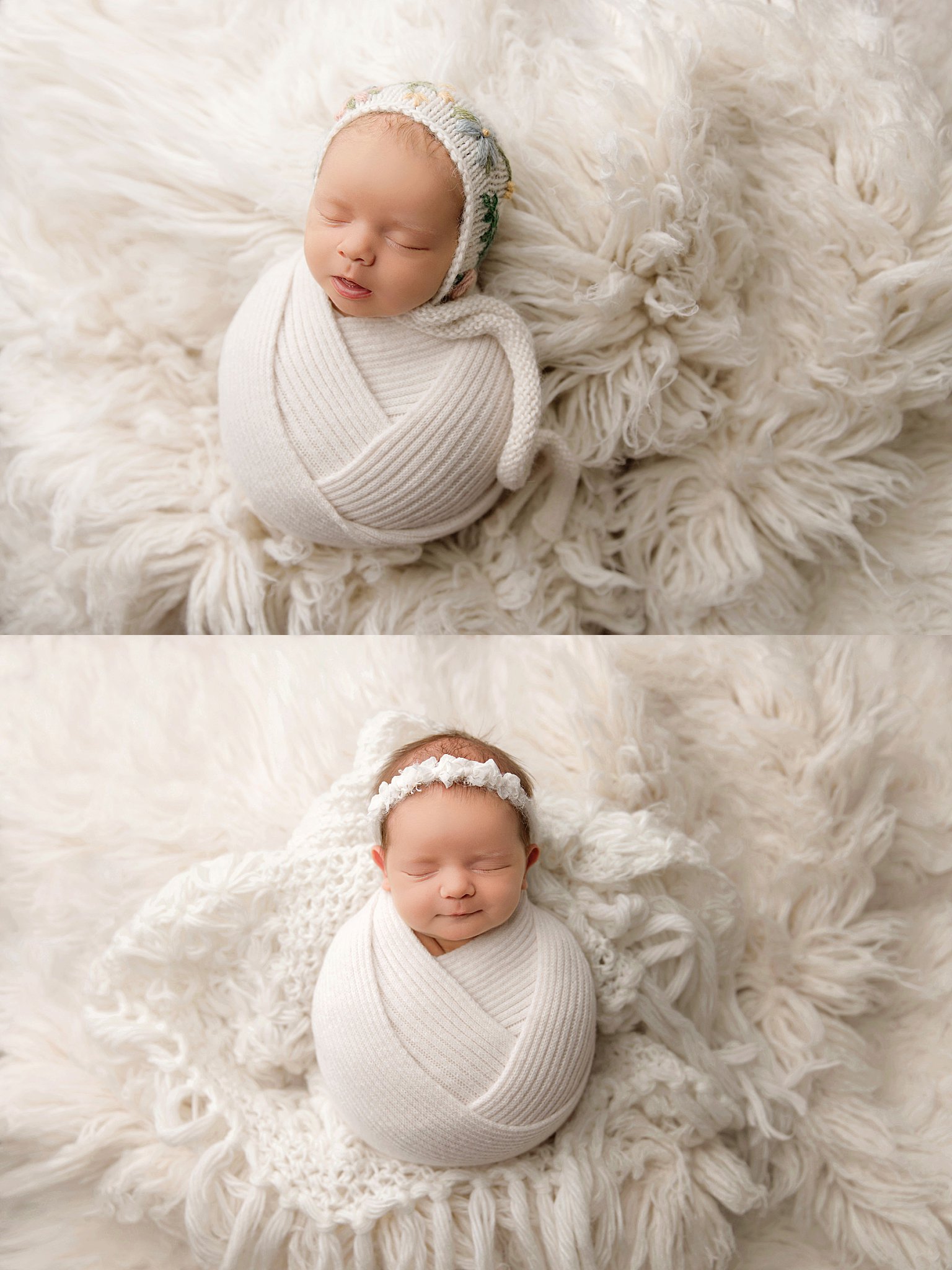 cozy white rug under wrapped infant by Charlottesville photographer