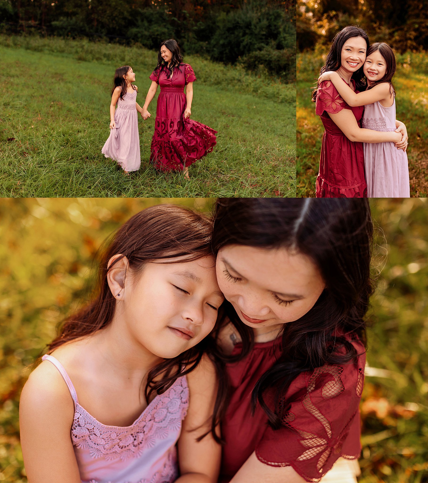 mom and daughter hold hands and hug during park family session