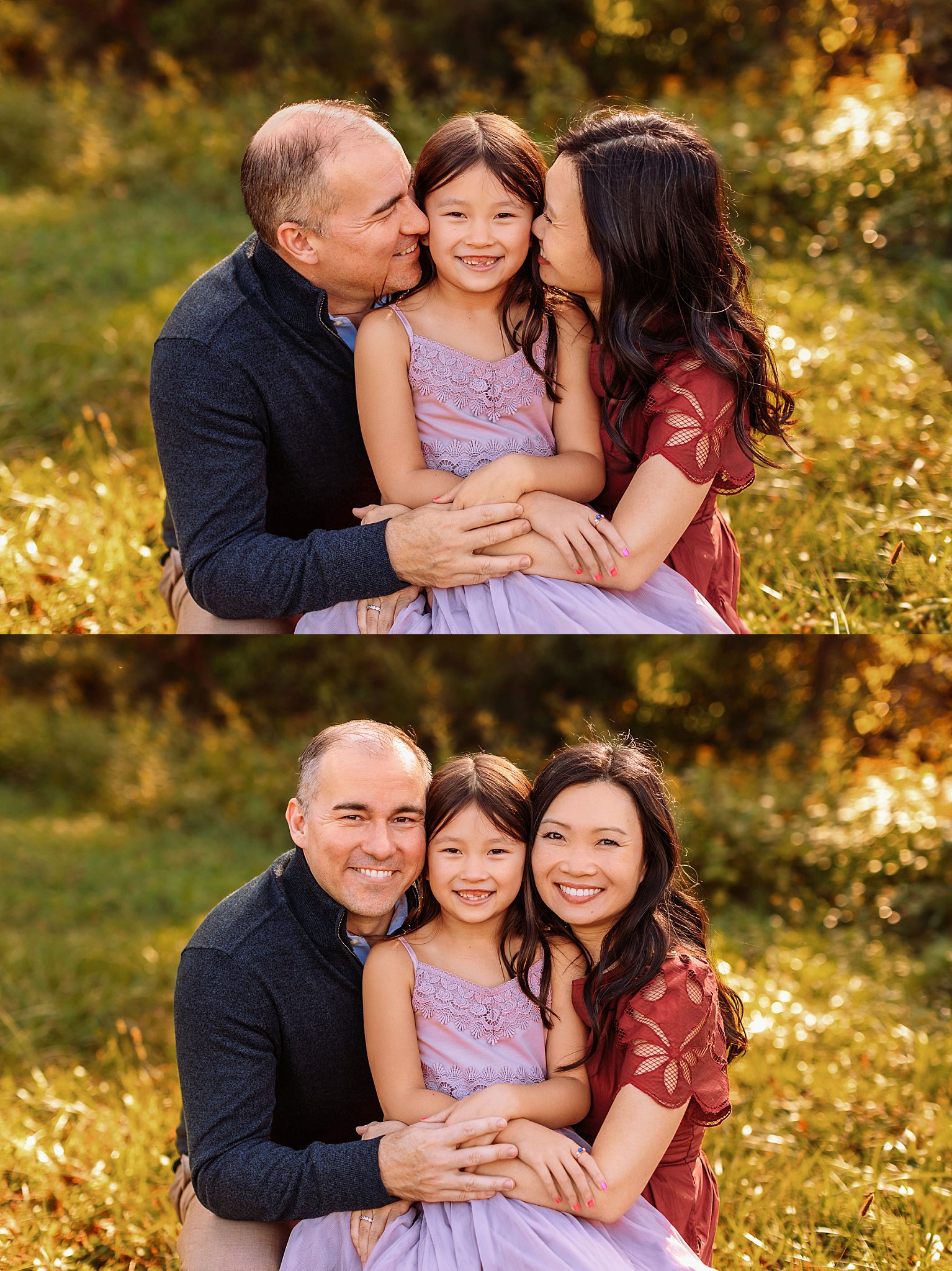 parents snuggle daughter during park family session