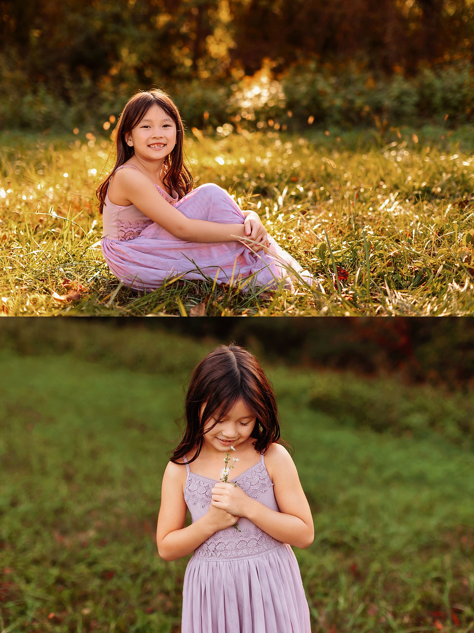 girl holds flowers in grassy field by Charlottesville photographer