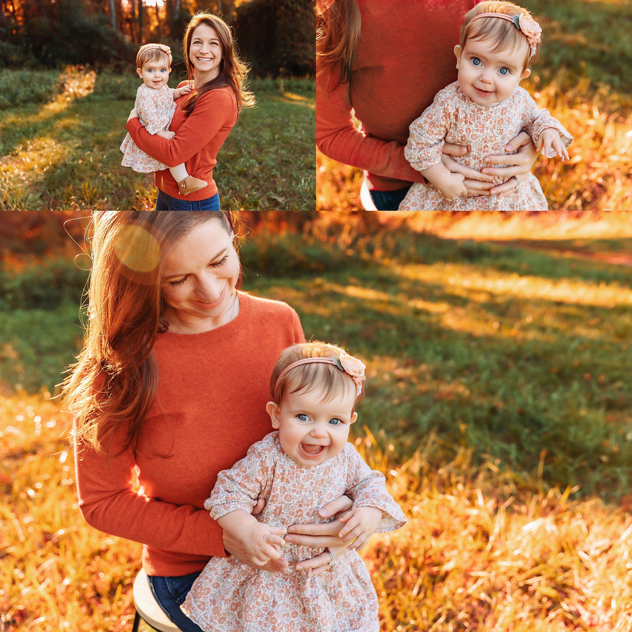 woman holds her baby in a field as they create family memories 