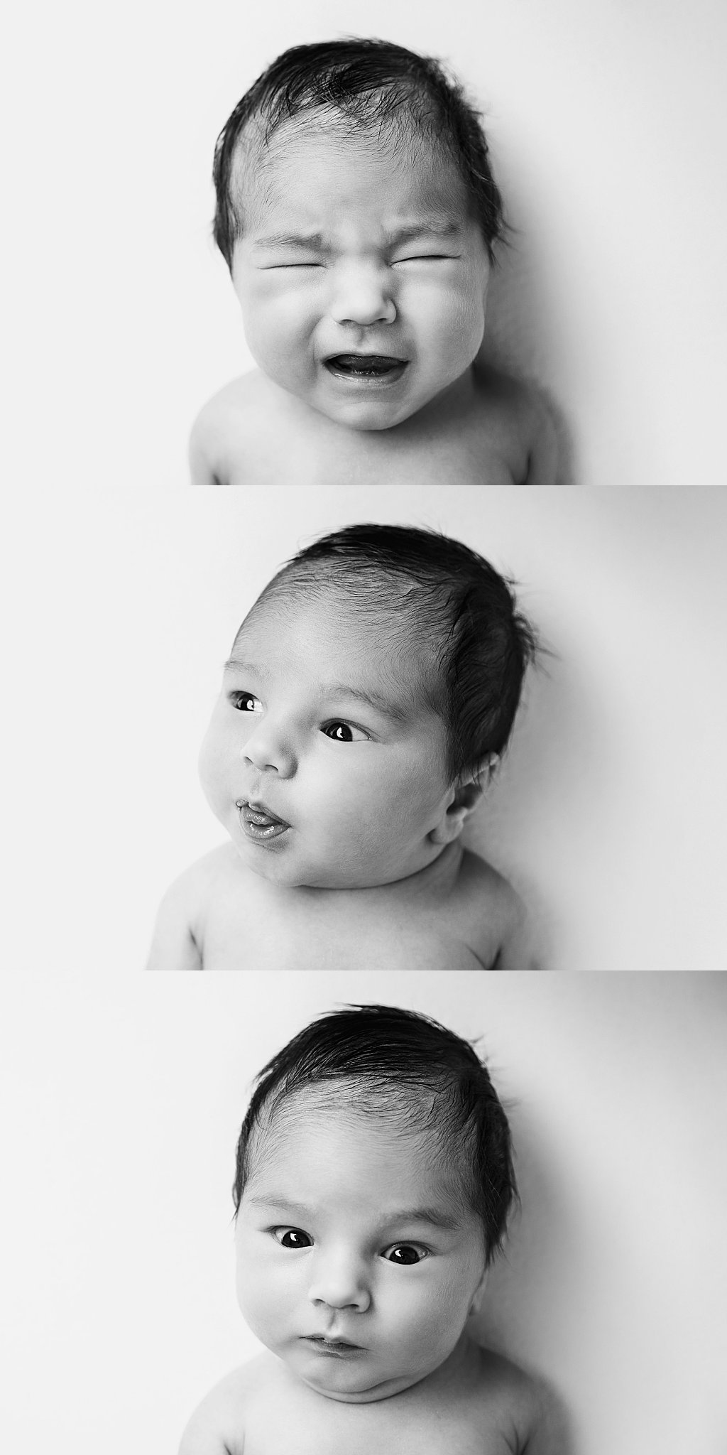 baby makes many expressions against white backdrop by Amy Yang Photography