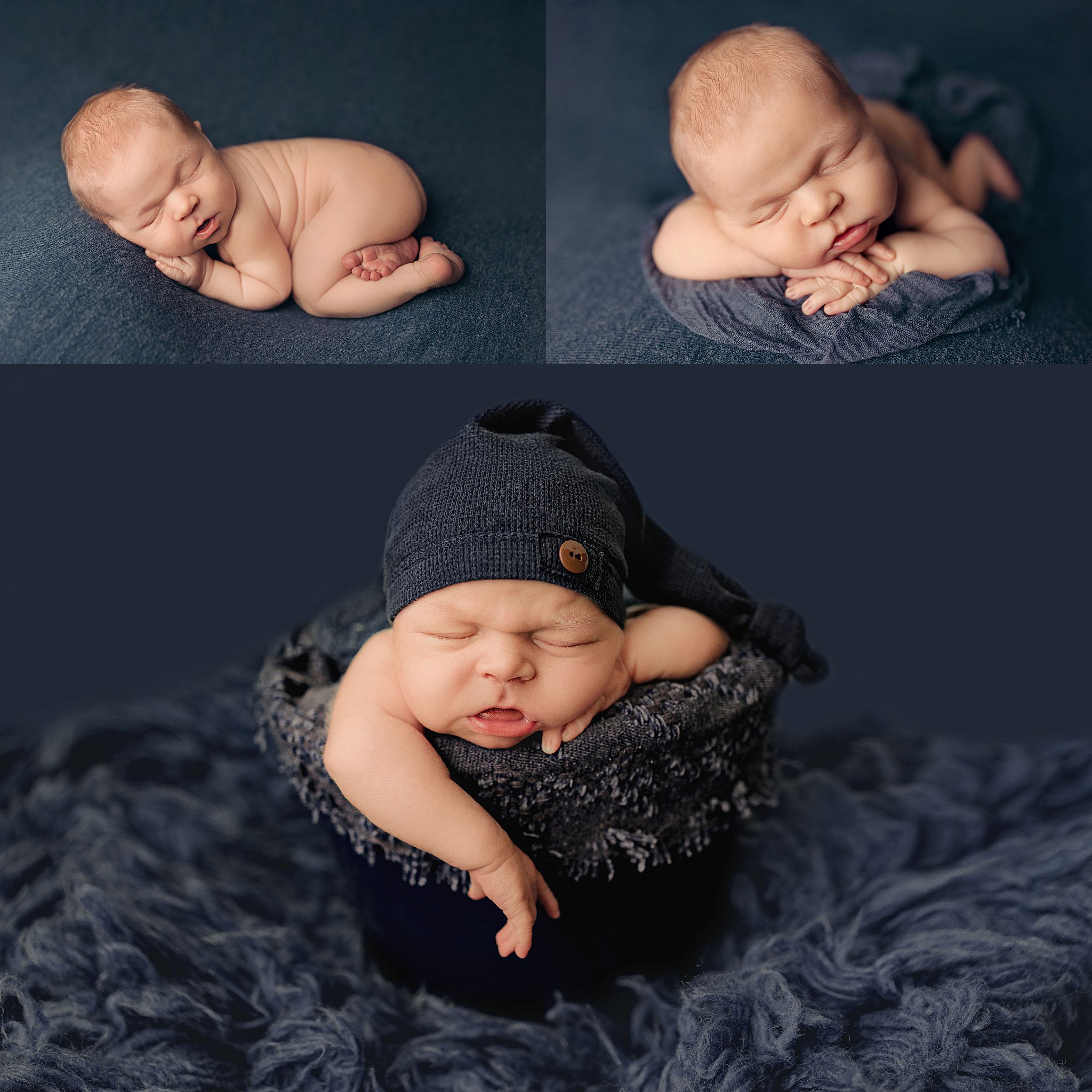 boy wears blue hat on blue blanket by Charlottesville Photographer