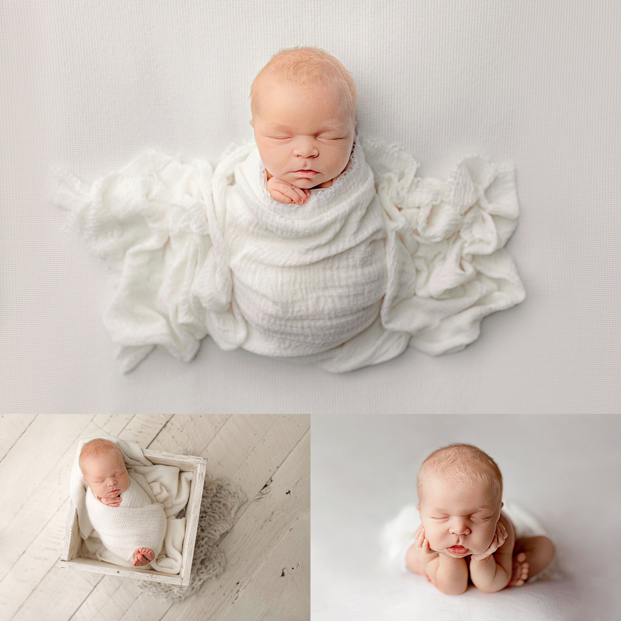 baby wrapped in white and placed in box during family newborn session 