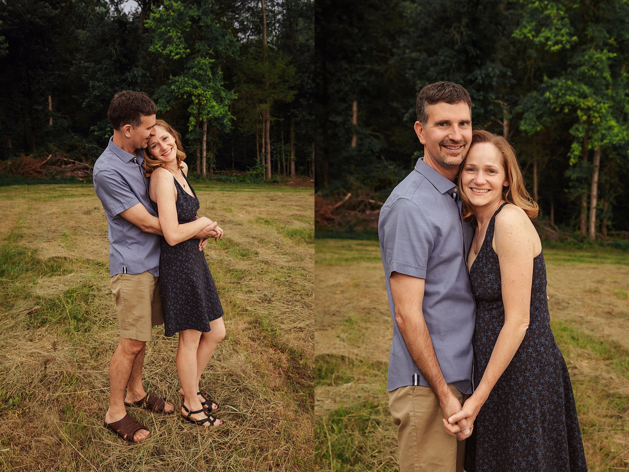 man wraps arms around woman as she leans her back on him by Charlottesville photographer