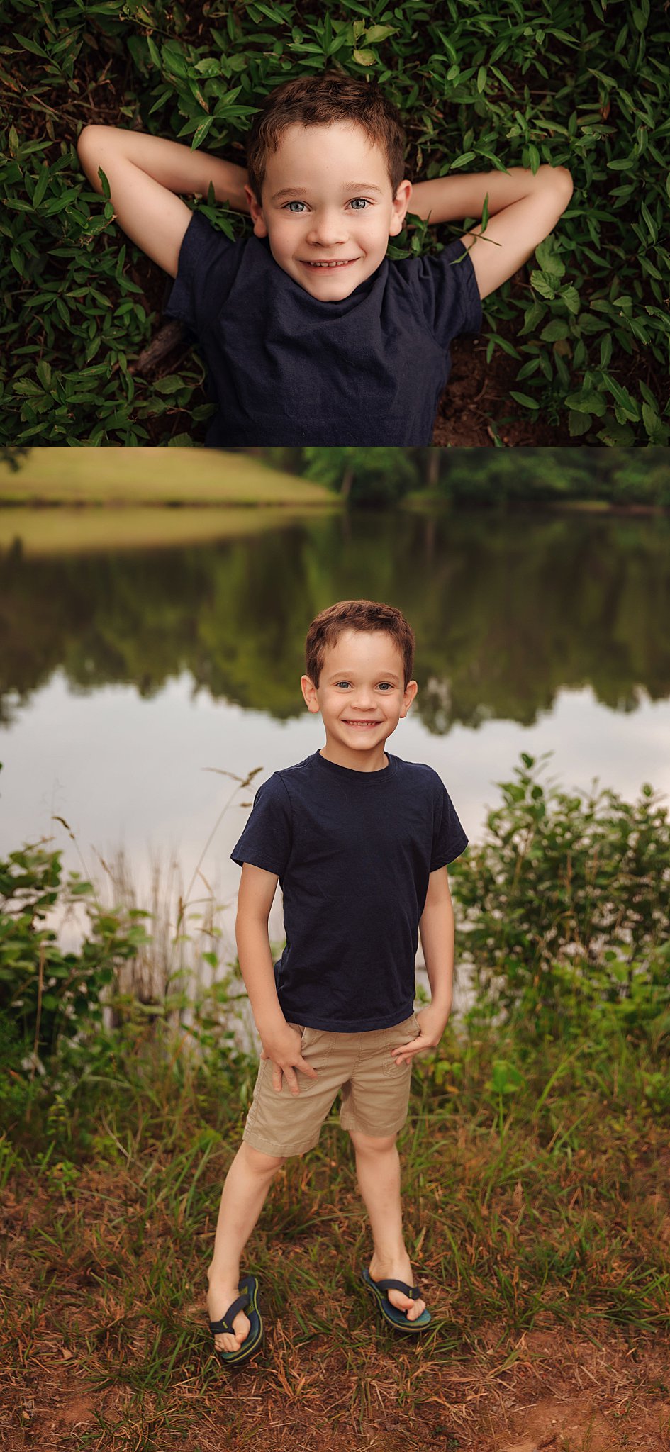 boy lays in grass with hands behind head by Amy Yang Photography