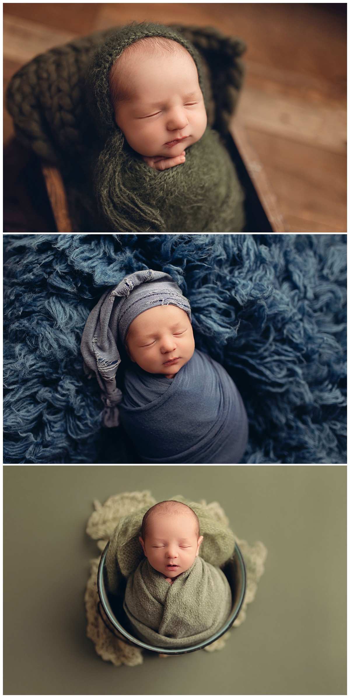 infant swaddled in blue and green by Charlottesville Photographer