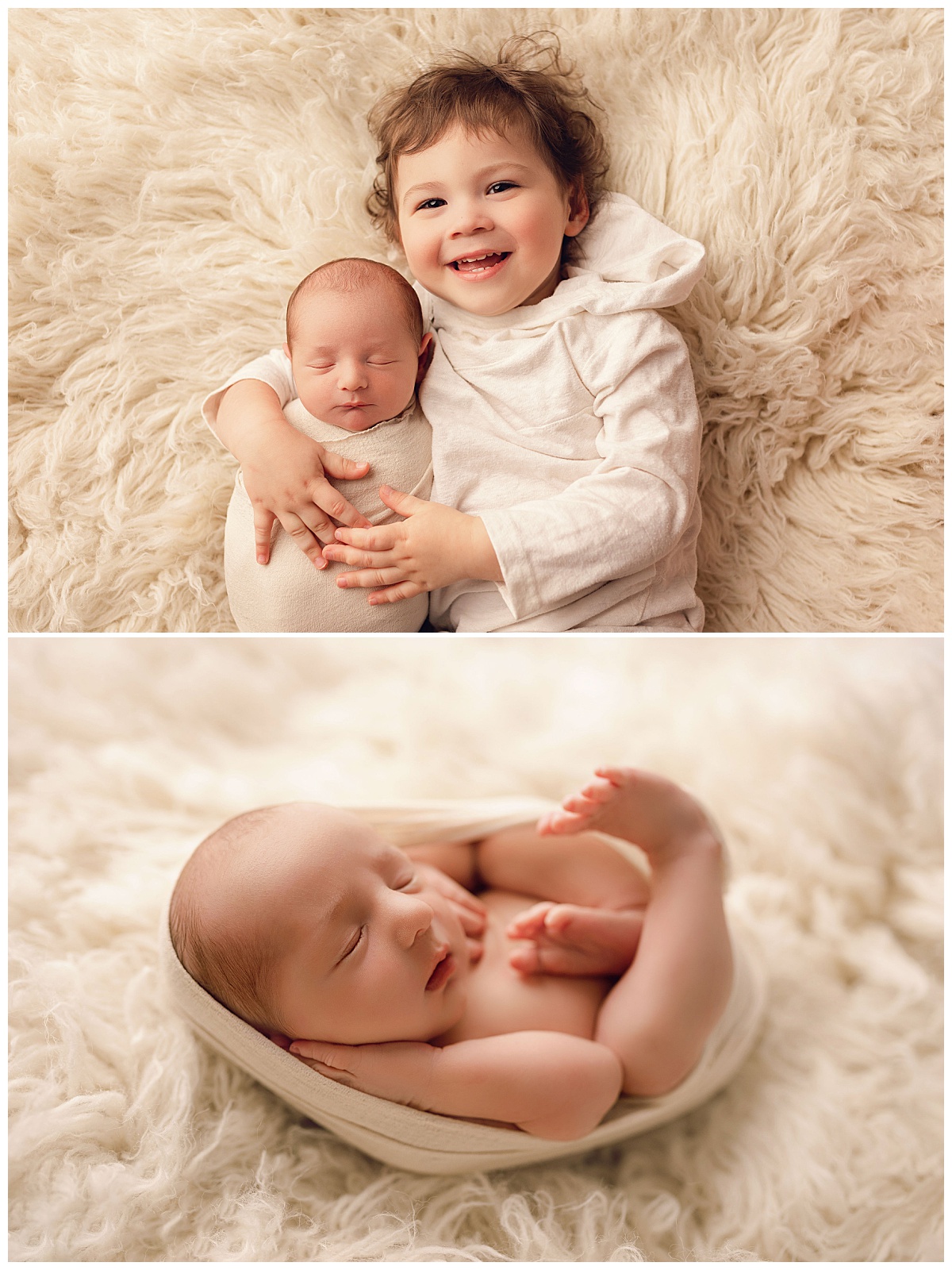 big brother hugs swaddled baby during sibling newborn session