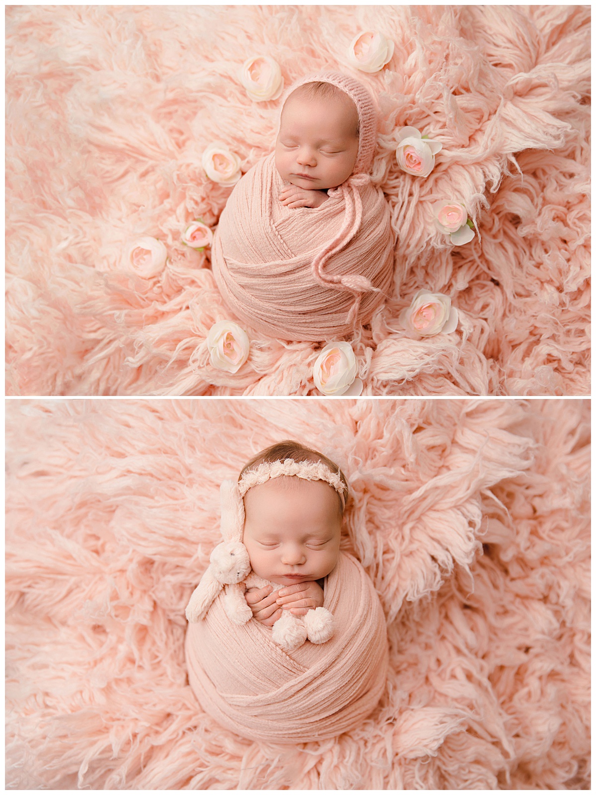 little one wrapped in pink and surrounded by flowers by Charlottesville Photographer