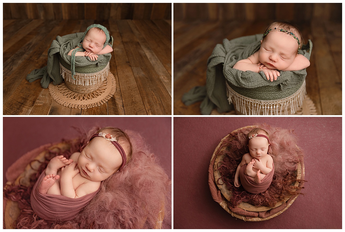 baby sits in baskets filled with blankets during  fine art newborn studio session