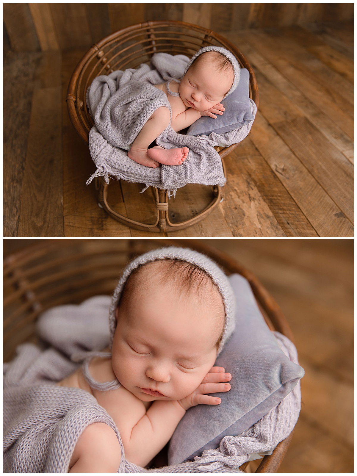 infant rests head on pillow in small chair by Charlottesville Photographer