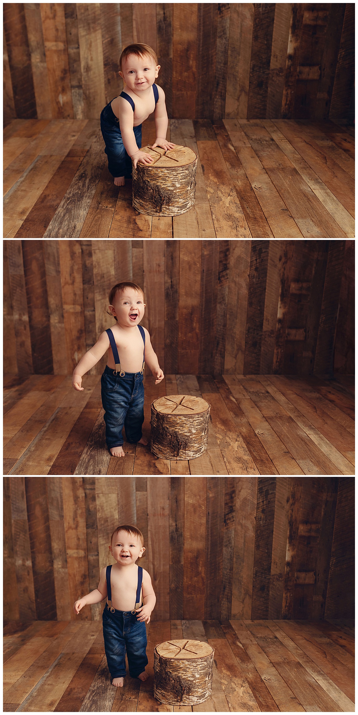 toddler in jeans and suspenders leans on log by Charlottesville photographer