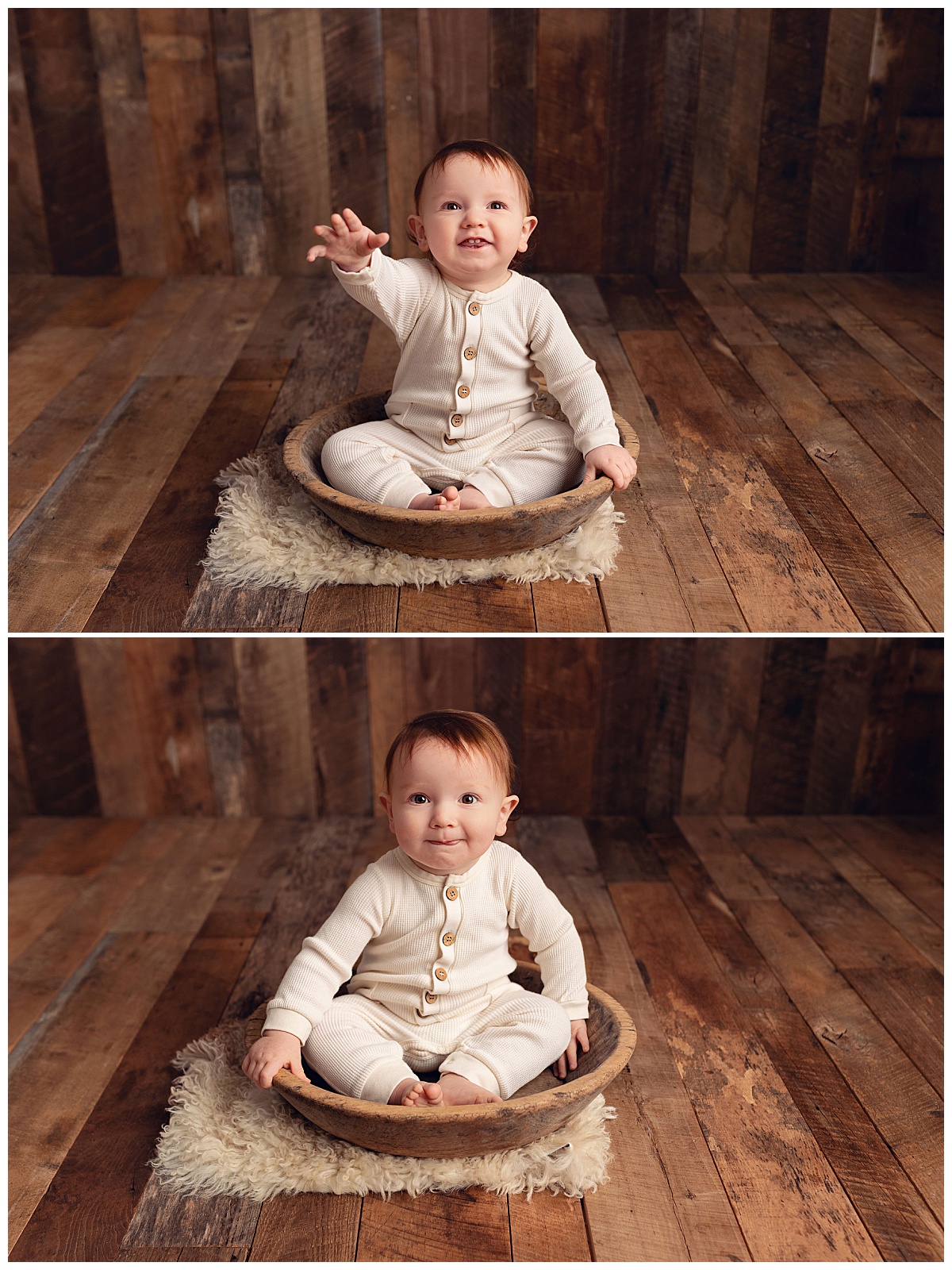 baby boy sits in wooden bowl reaching out by Amy Yang Photography