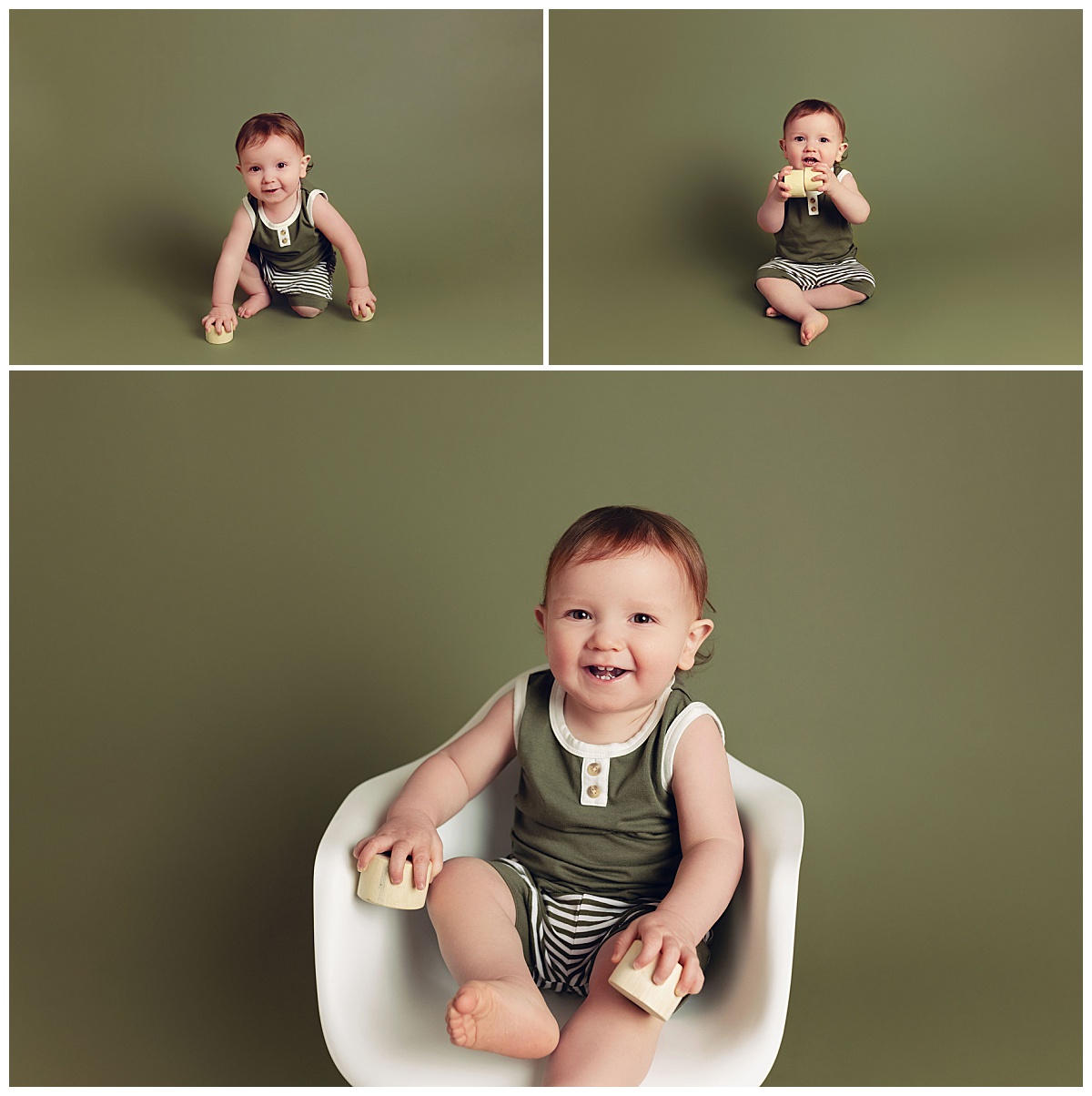 baby boy wears green tank top and shorts as he plays with blocks during milestone studio session