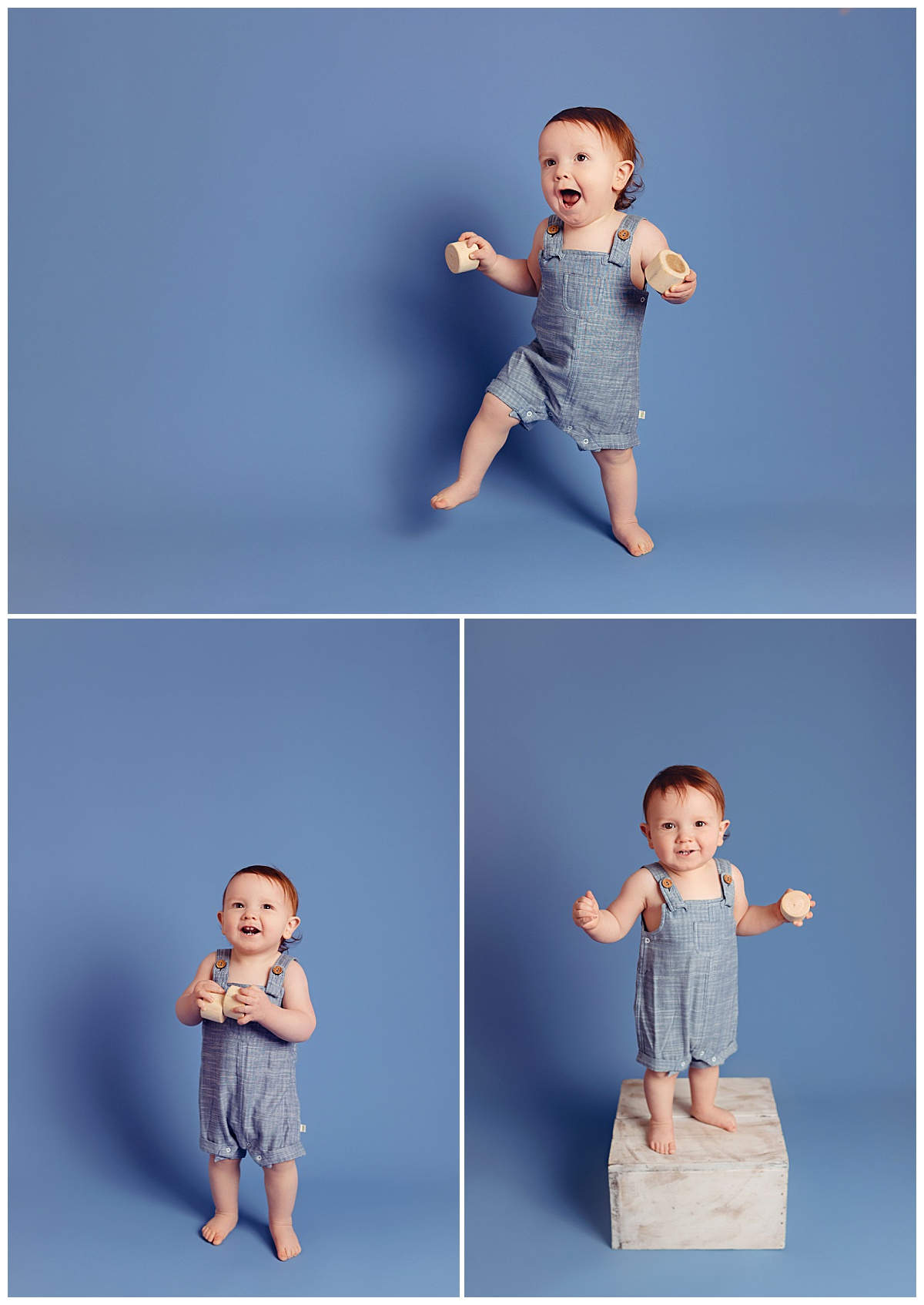 toddler holds blocks as he walks and stands on crate by Charlottesville photographer