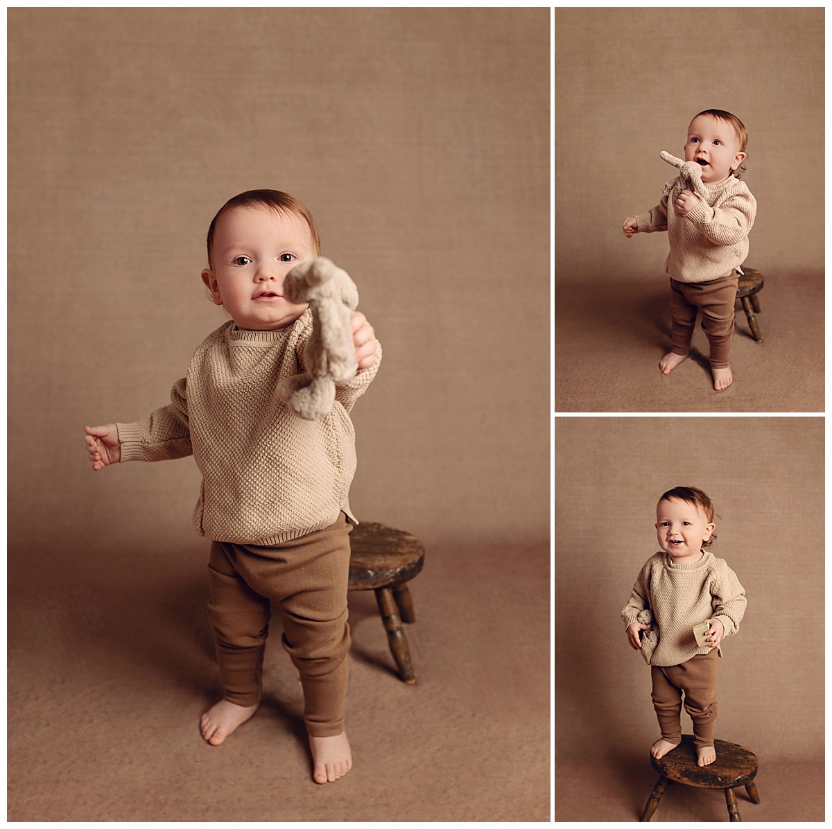 toddler dressed in tan holds out stuffie and stands on stool by Amy Yang Photography