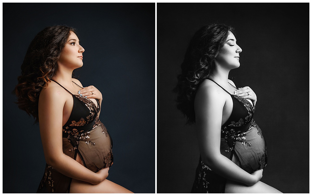 expectant mother holds her growing belly as she looks off in another direction by Amy Yang Photography