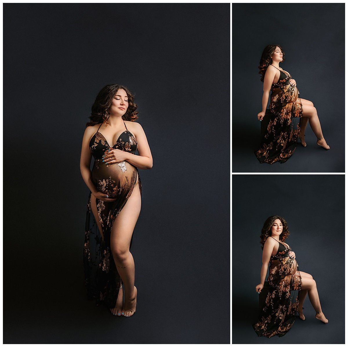 mom-to-be holds belly in sheer, flowing floral dress for luxe studio maternity session