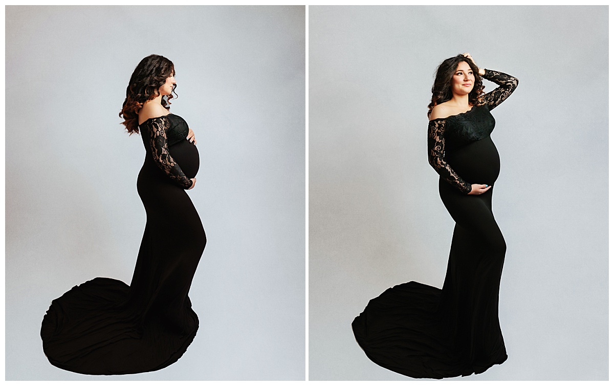 expectant mother wears long black gown with train by Amy Yang Photography