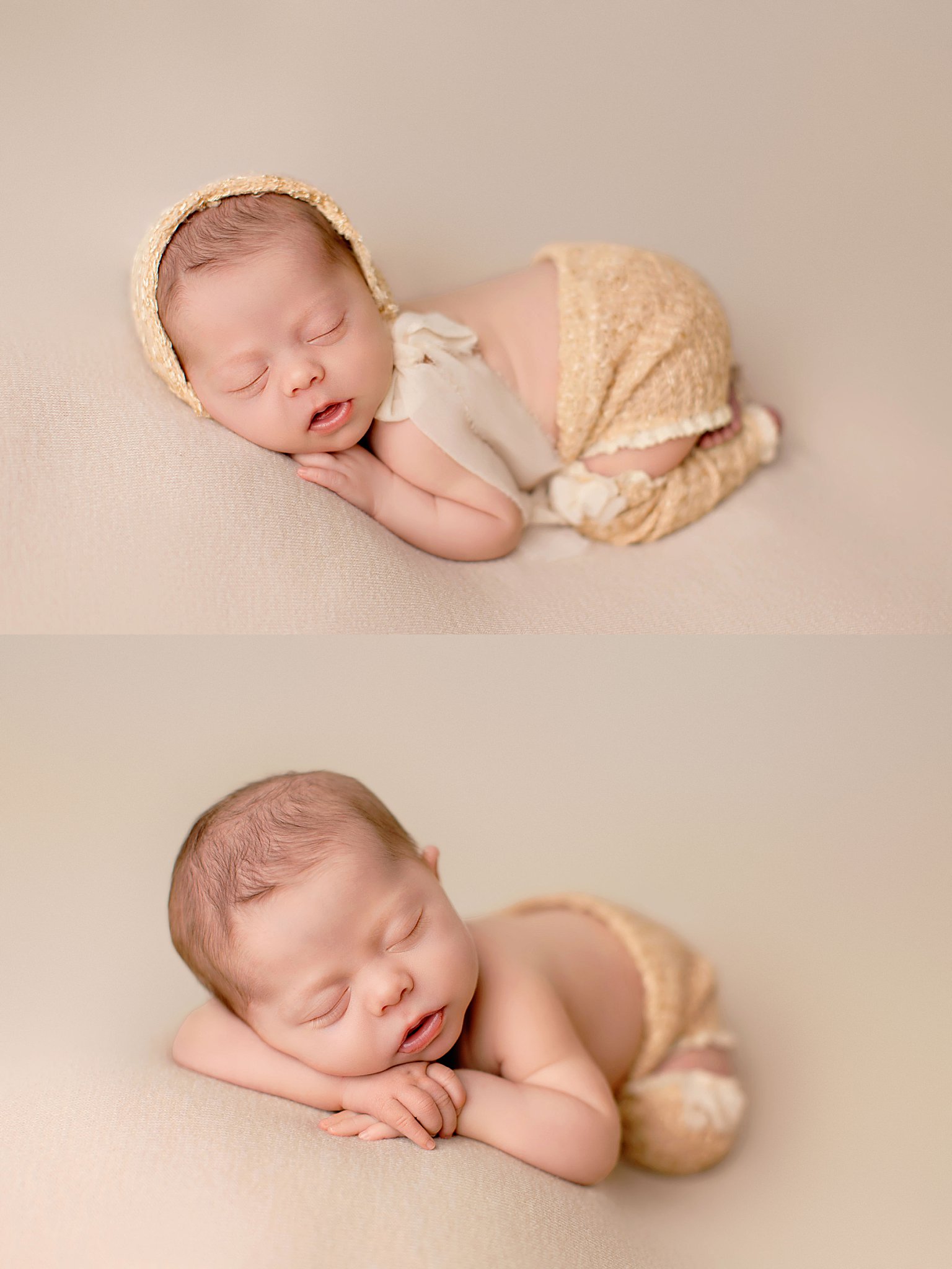 baby girl sleeps while wearing a bonnet during sweet newborn studio session
