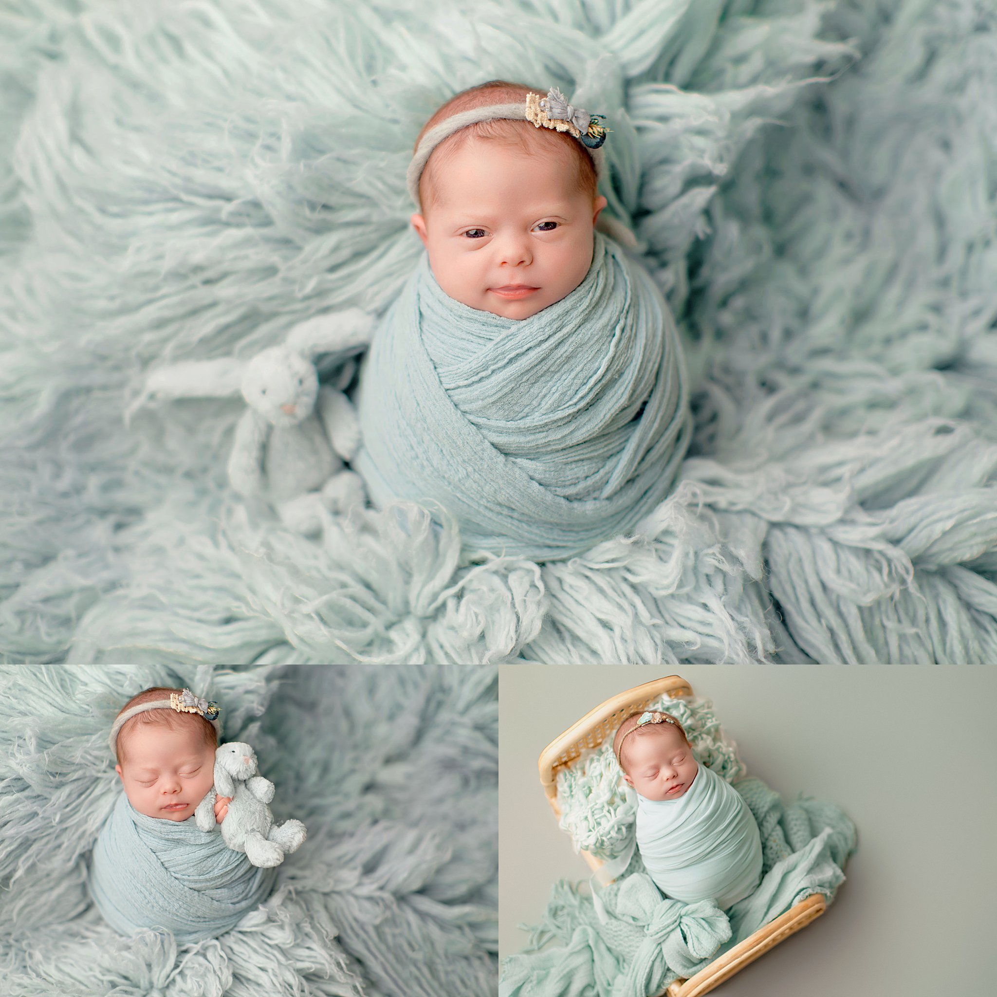 baby girl holds stuffed bunny while swaddled during sweet newborn studio session