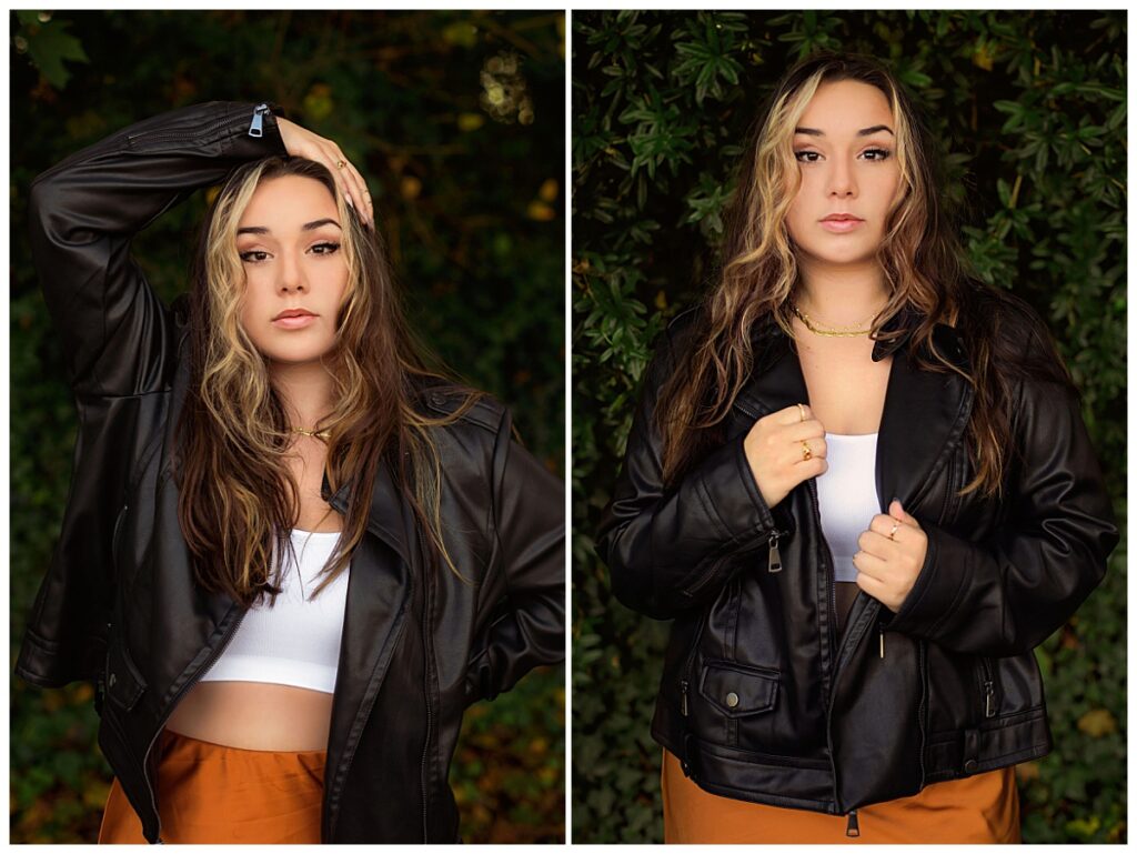 Fashion-inspired senior portrait session with a high school senior wearing a leather jacket in an outdoor setting by a Charlottesville Senior Photographer. Discover how much do senior pictures cost for timeless portraits.