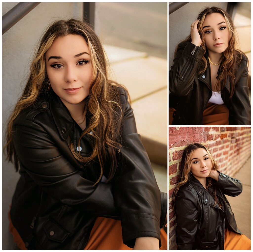 Senior portraits featuring a stylish high school senior in a leather jacket against an urban backdrop by a Charlottesville Senior Photographer. Learn how much do senior pictures cost for a personalized senior session.