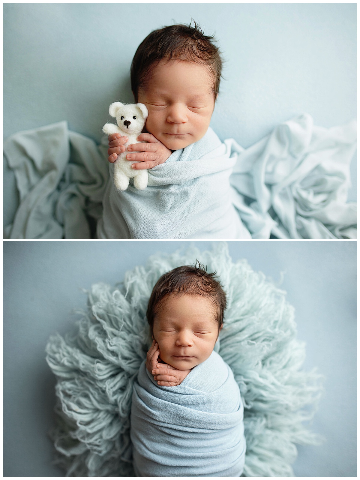baby boy holds tiny white teddy bear by Charlottesville photographer