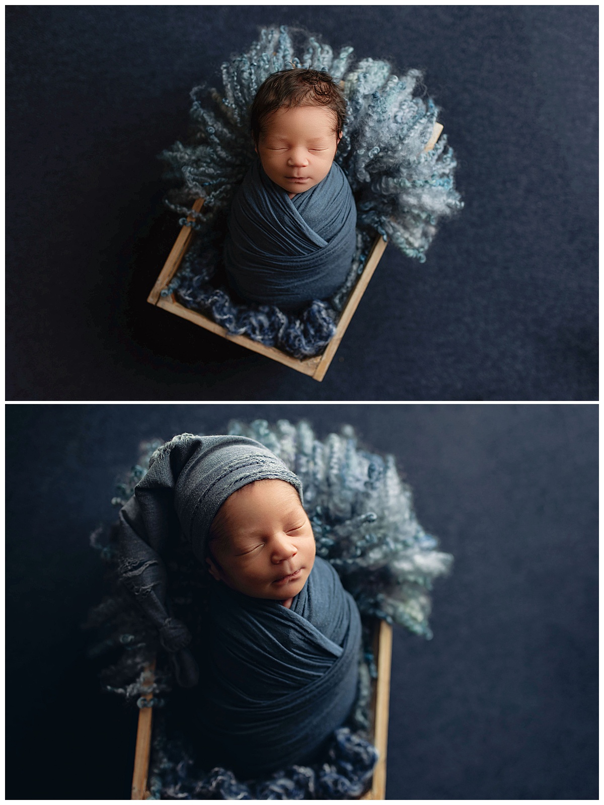 baby is swaddled in blue resting on a fluffy blanket during newborn session