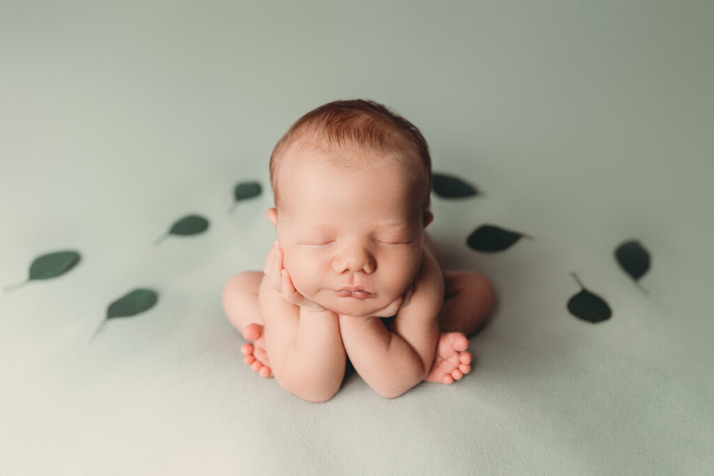 Newborn resting in a classic posed portrait created for heirloom newborn photography and lasting family artwork. Captured in Charlottesville, VA by Amy Yang Photography.