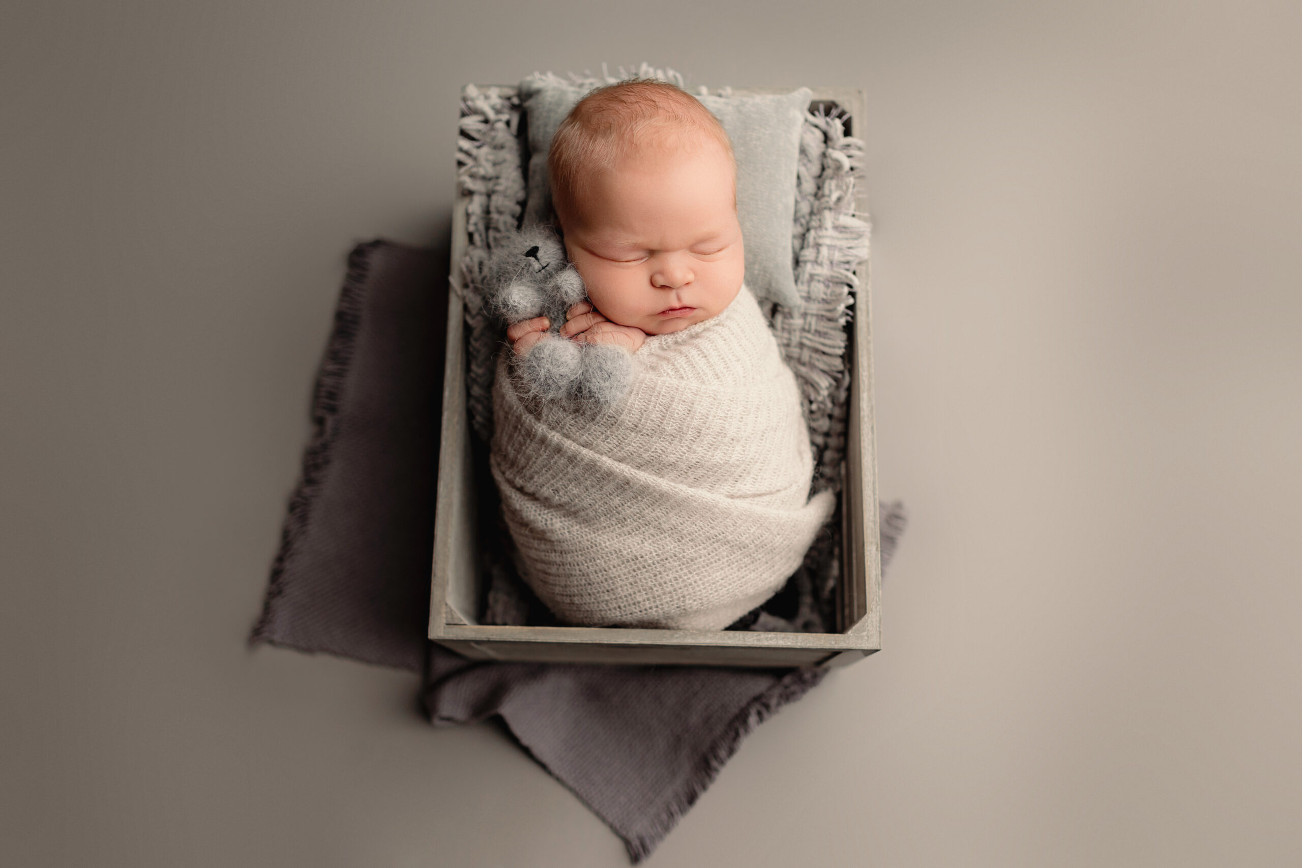Swaddled newborn resting in a wooden box with a soft bunny during a newborn photographer Crozet VA studio session.