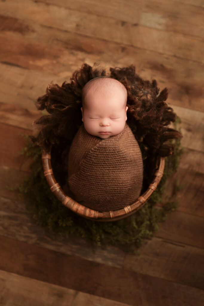 Newborn photos as home decor of a wrapped baby in a rustic basket with natural textures.