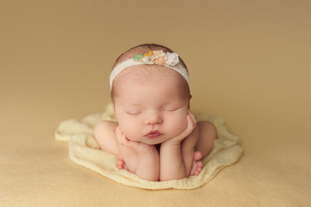 Sleeping newborn resting on hands with a floral headband.